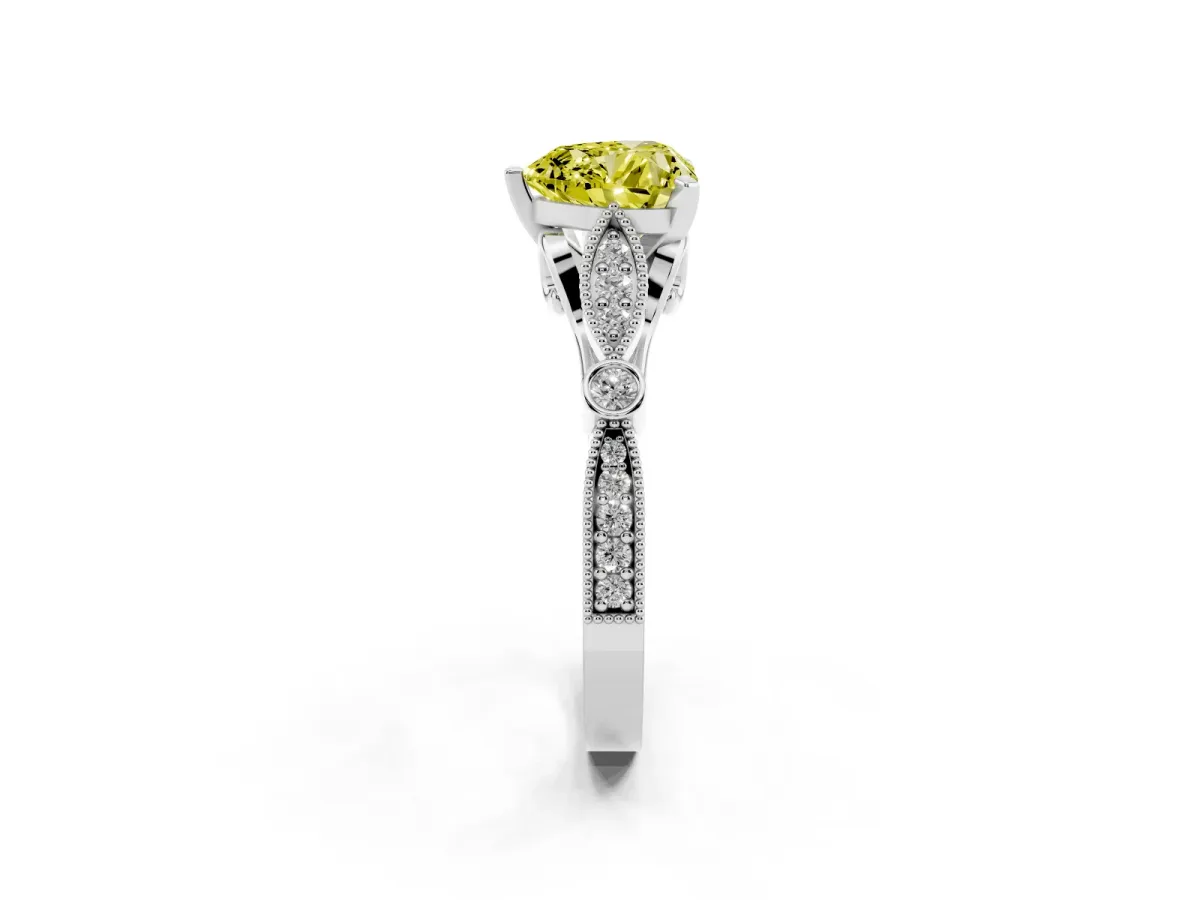 Fancy Yellow Heart Cut Cut Diamond with Milgrain Marquise and Bezel Accents on a Solitaire Band with Prong Setting White gold