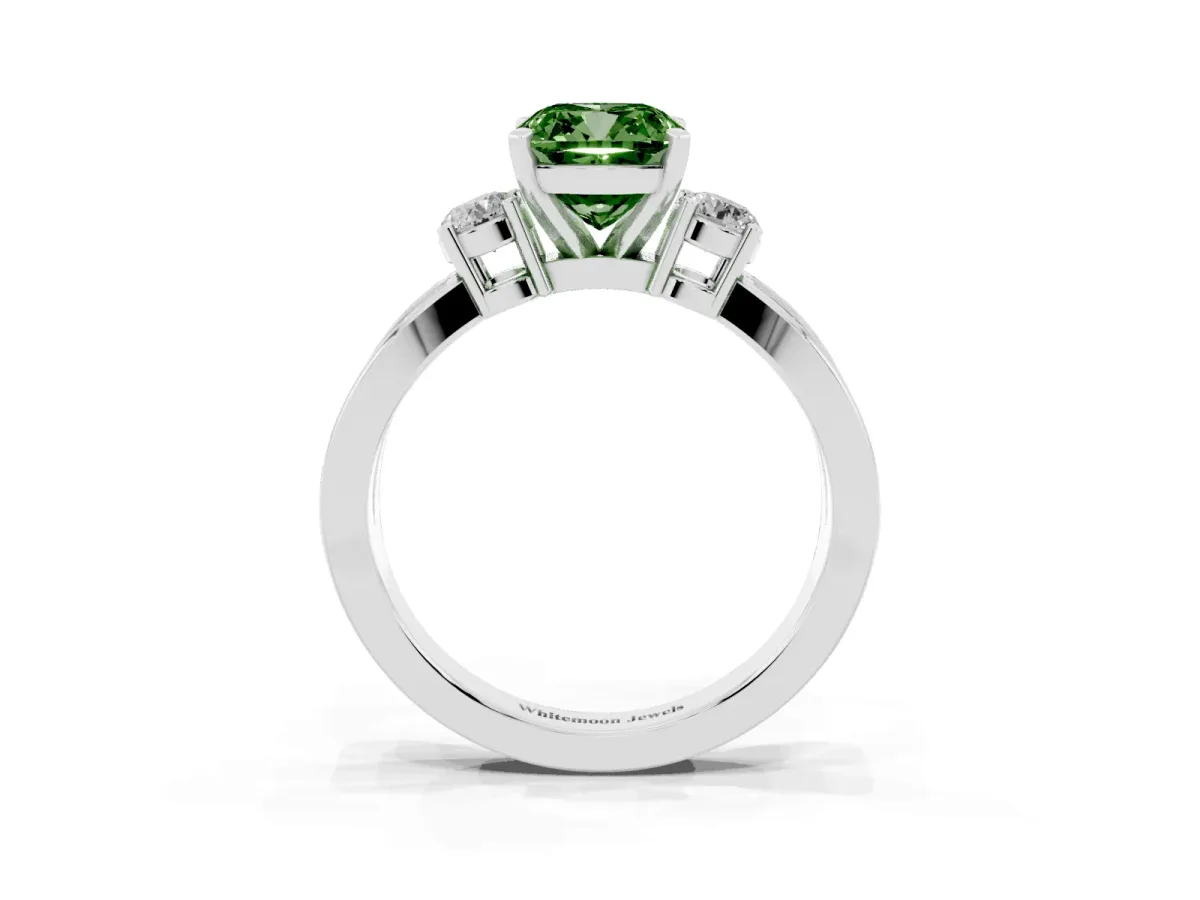 Fancy Green Three-Stone Cushion Cut Cut Diamond Twist Band with Prong Setting Platinum