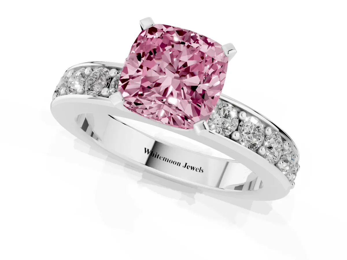 Fancy Pink Cushion Cut Diamond Engagement Ring with Channel Set Round Band and Prong Setting White gold