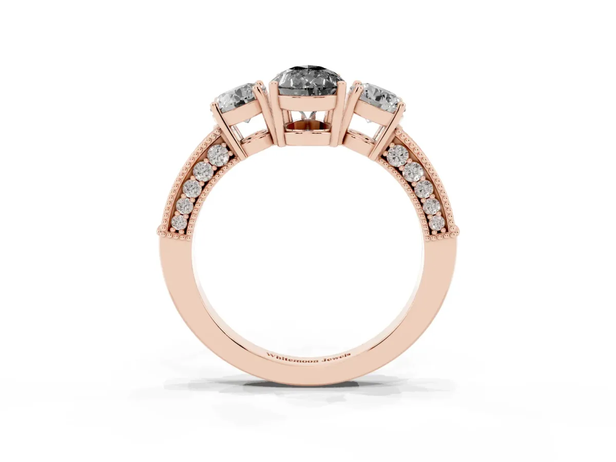 Fancy Black Pear Cut Three-Stone Diamond Ring with Pavé Band and Four-Prong Setting Rose gold