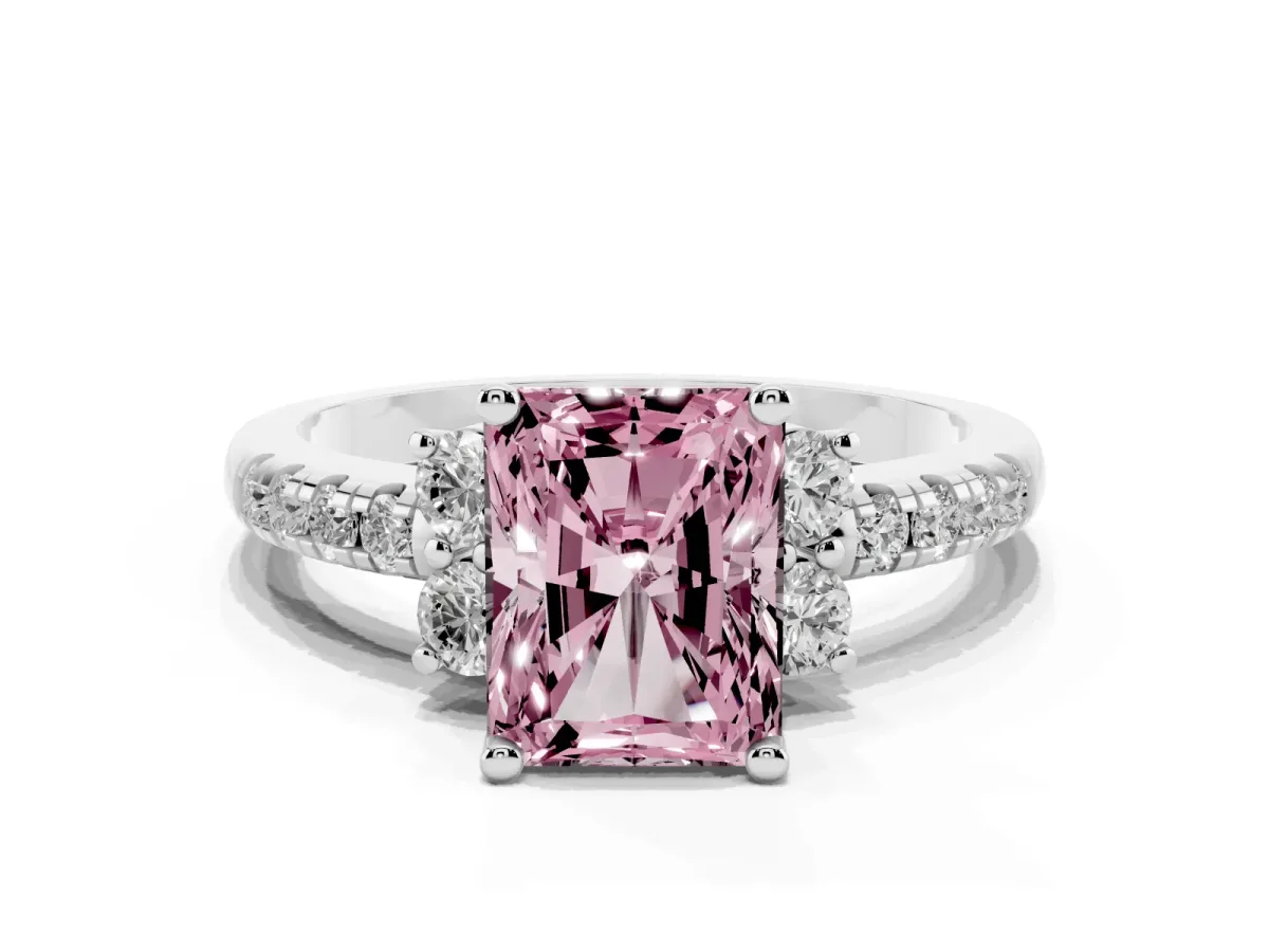 Fancy Pink Radiant Cut Diamond Three-Stone Pave Band with Four-Prong Setting Silver