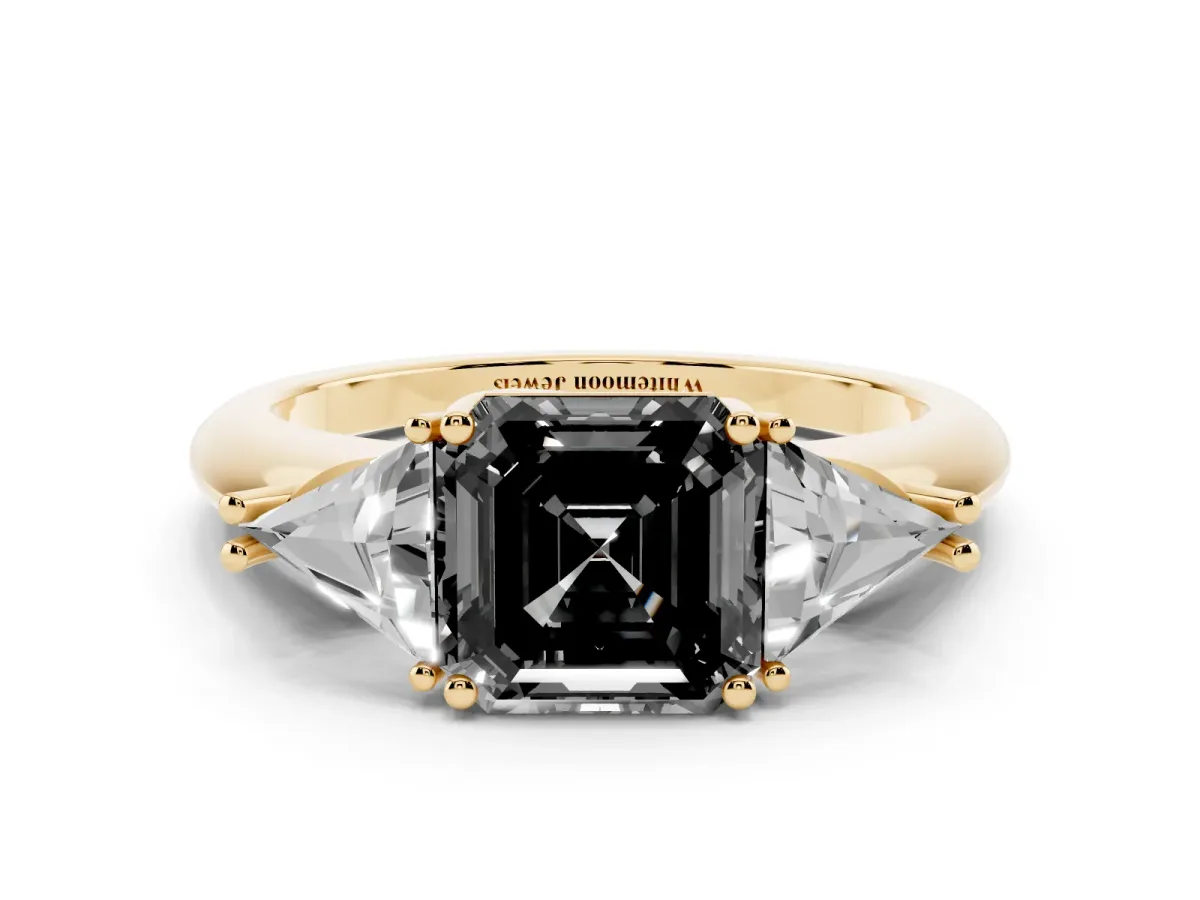 Fancy Black Three-Stone Asscher Cut Diamond Engagement Ring with Trillion Side Stones and Prong Setting Yellow gold