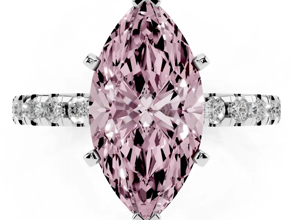 Fancy Pink Marquise Cut Diamond Solitaire Ring with Round Pavé Band and Four-Prong Setting Silver