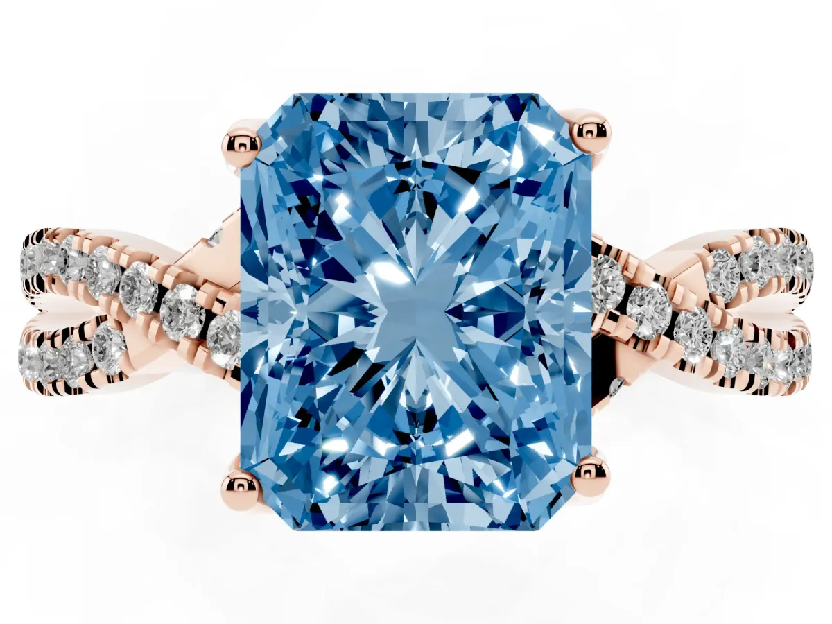 Fancy Blue Radiant Cut Solitaire Twist Pave Diamond Engagement Ring with Prong Setting Rose gold