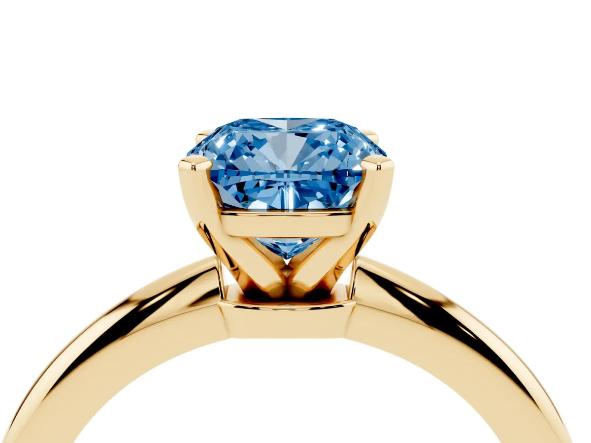 Fancy Blue Cushion Cut Diamond Solitaire Ring with Prong Setting and Classic Band Yellow gold