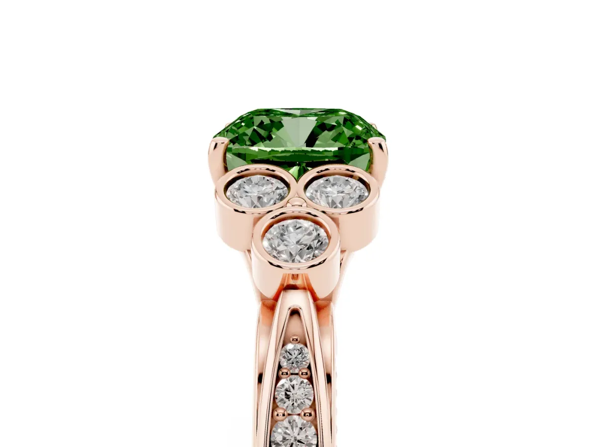 Fancy Green Cushion Cut Cut Diamond Engagement Ring with Bezel Set Round Side Stones and Prong Setting Rose gold