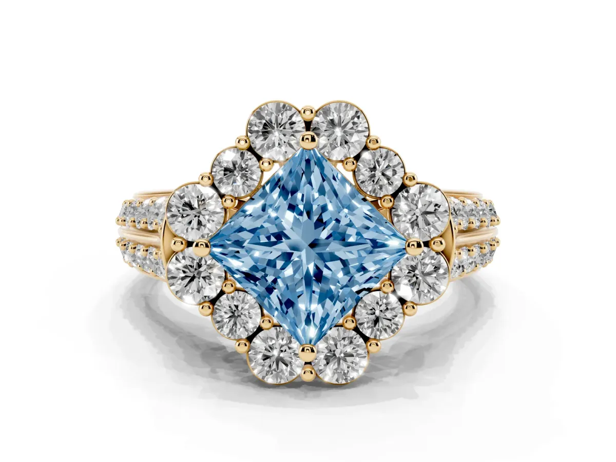 Fancy Blue Princess Cut Halo Diamond Engagement Ring with Split Shank and Prong Setting Yellow gold