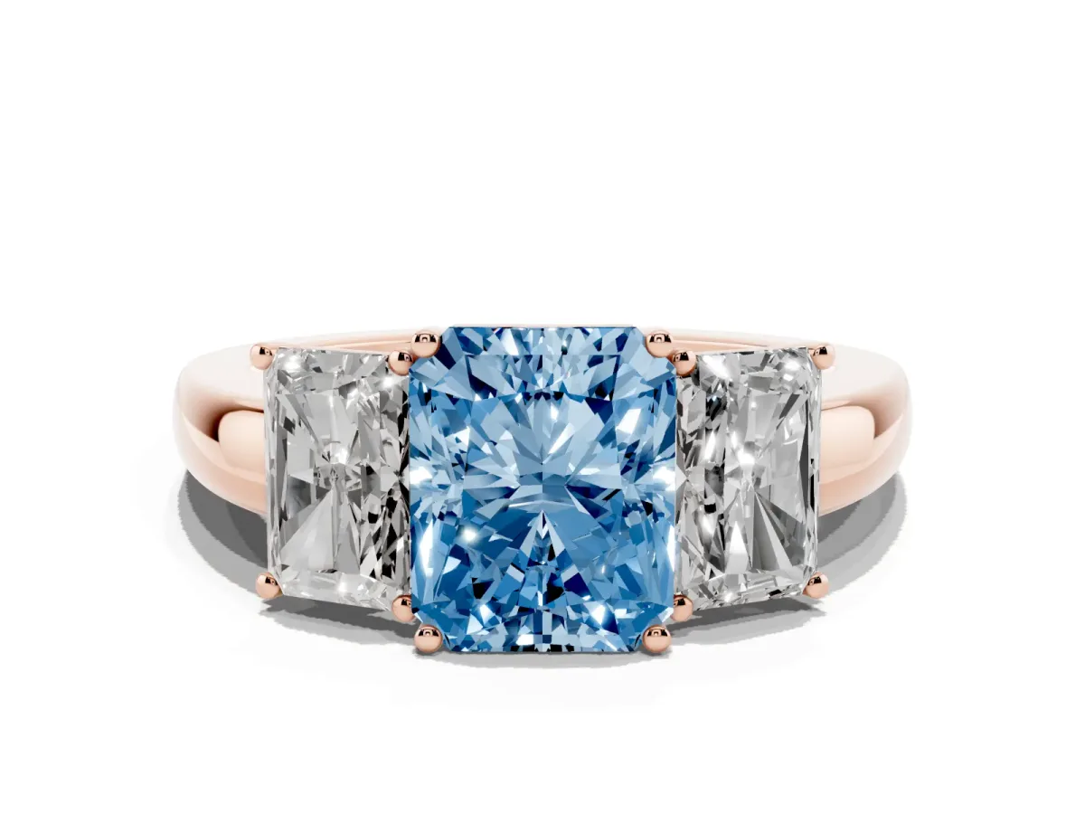 Fancy Blue Radiant Cut Diamond Three-Stone Ring with Four-Prong Setting and Classic Band Rose gold