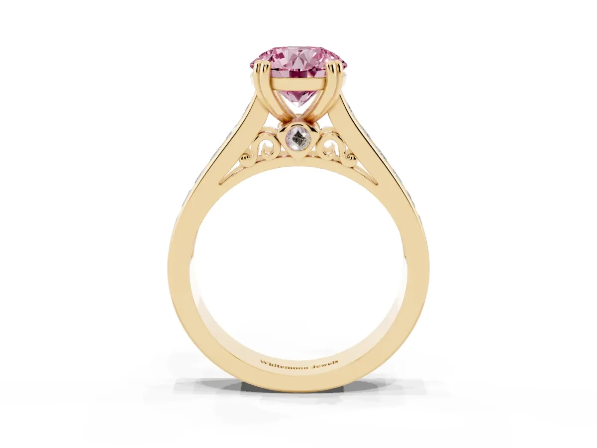 Fancy Pink Round Cut Cut Channel Set Solitaire Engagement Ring with Prong Setting Yellow gold