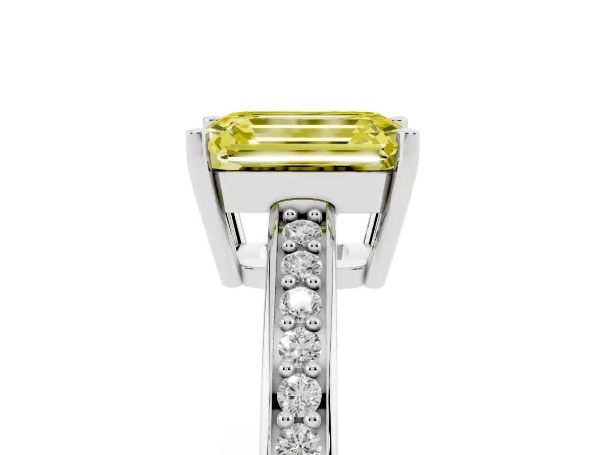 Fancy Yellow Emerald Cut Solitaire Pavé Band Prong Setting Ring Platinum
