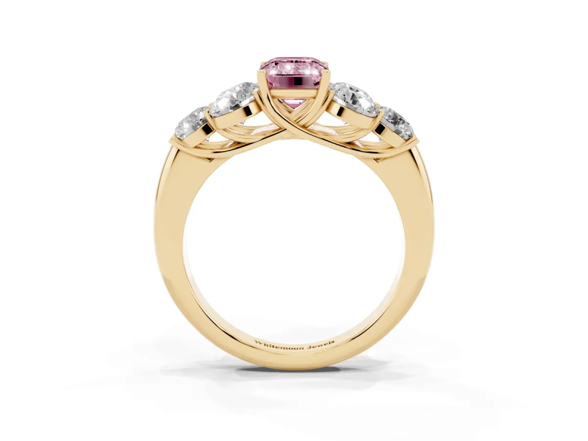 Fancy Pink Emerald Cut Cut Diamond Cluster Ring with Round Accent Stones and Prong Setting on a Classic Band Yellow gold
