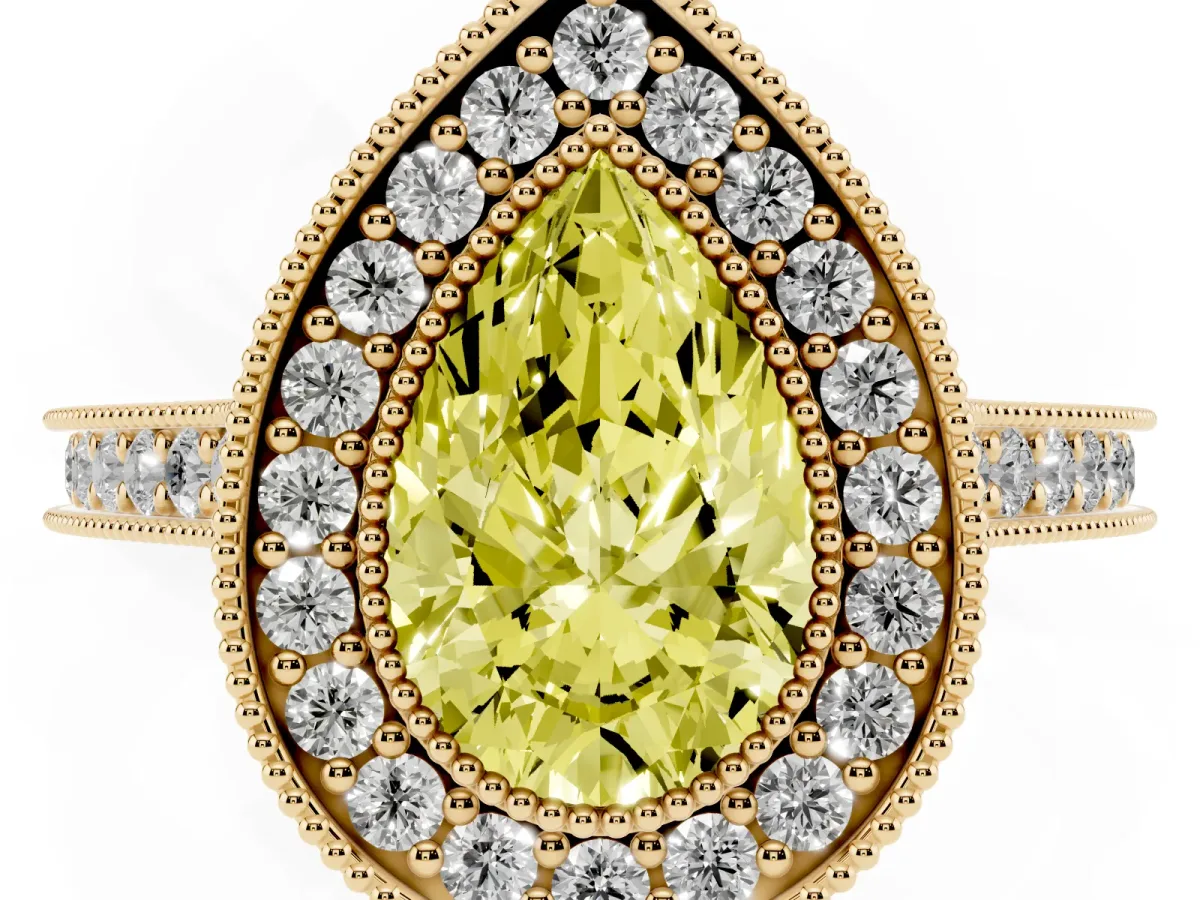 Fancy Yellow Halo Pear Cut-Cut Diamond Pave Band Milgrain Prong Setting Ring Yellow gold
