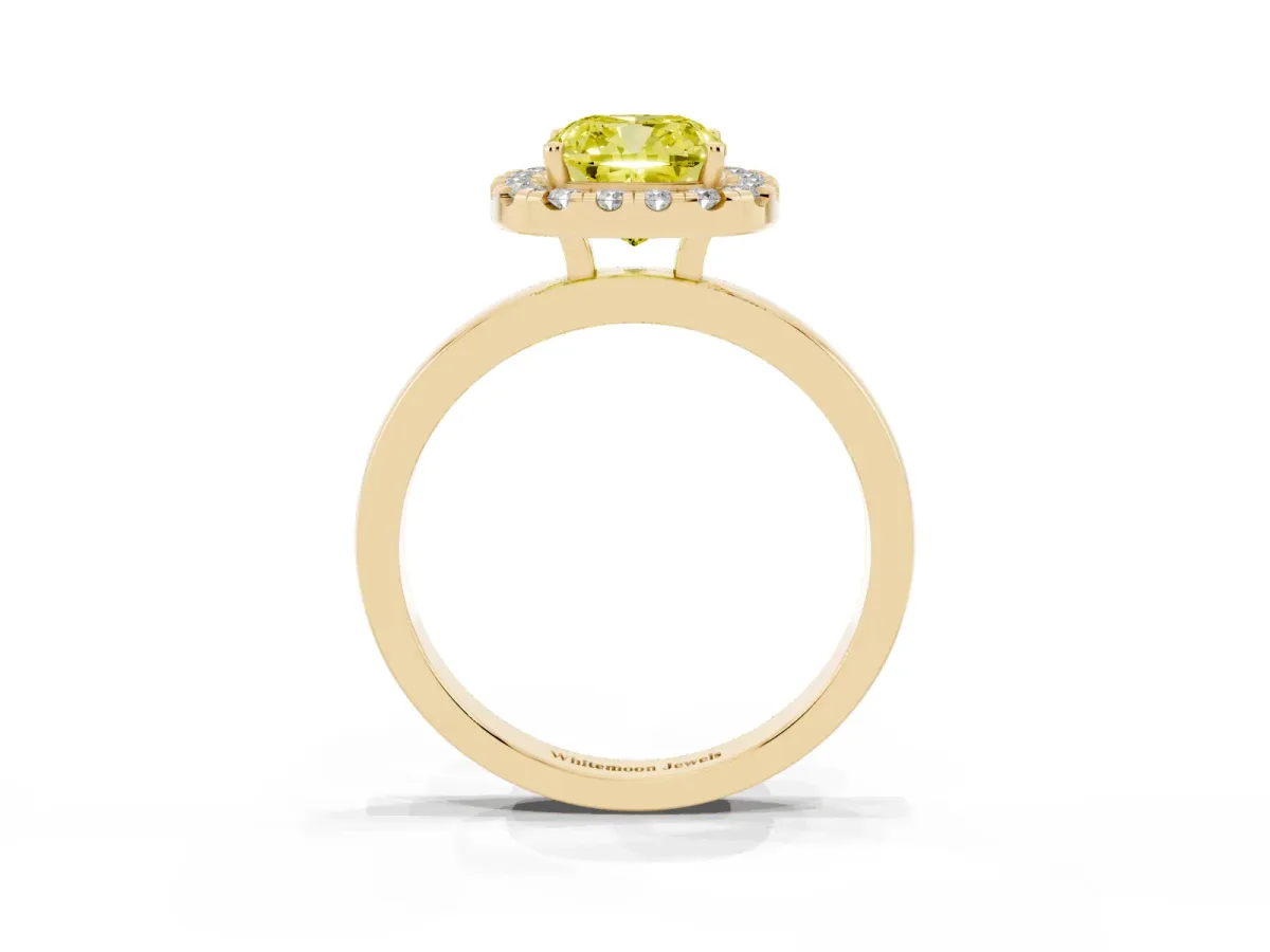 Fancy Yellow Cushion Cut Halo Diamond Solitaire with Pavé Band and Four-Prong Setting Yellow gold
