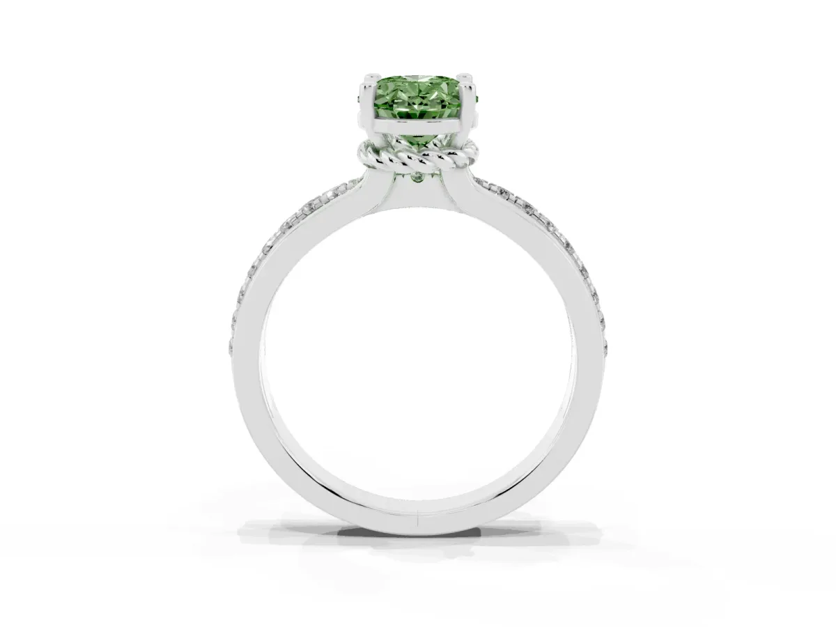 Fancy Green Oval Cut Solitaire Diamond Ring with Channel Set Band and Six-Prong Setting Silver