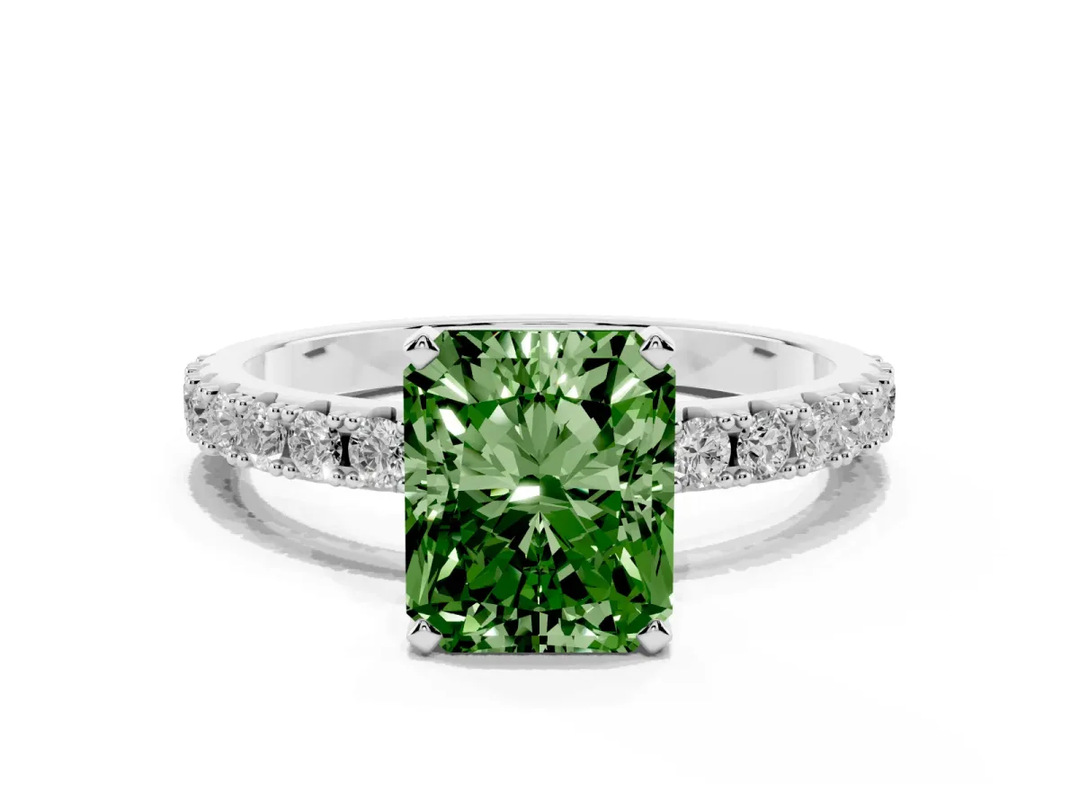 Fancy Green Radiant Cut Diamond Solitaire Pavé Band with Four-Prong Setting Silver