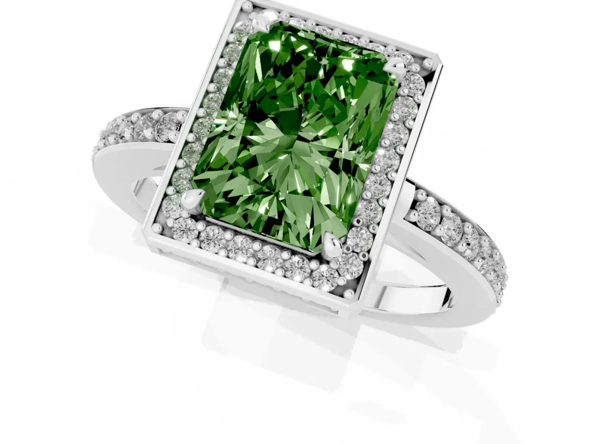 Fancy Green Radiant Cut Halo Pave Band Solitaire Ring with Prong Setting White gold