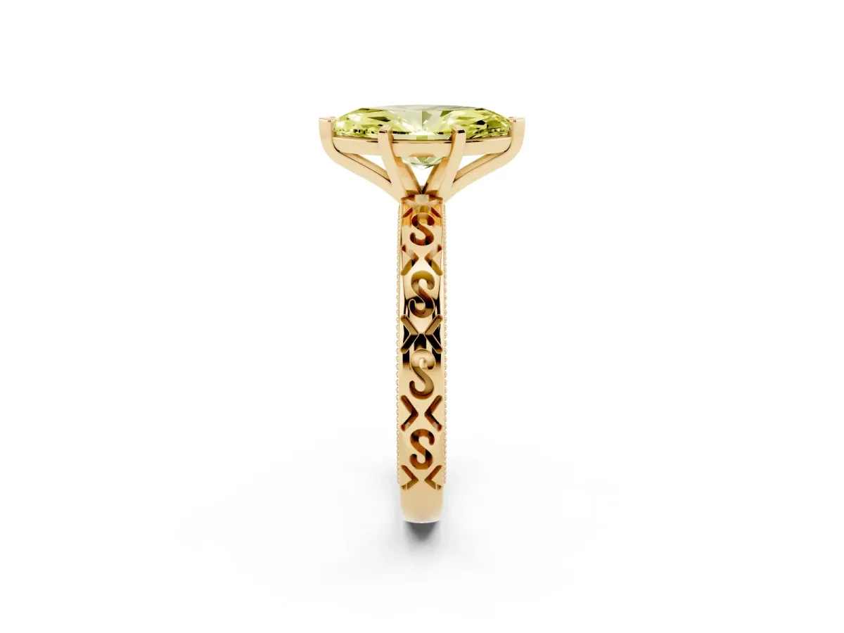 Fancy Yellow Marquise Cut Solitaire Engagement Ring with Scrollwork Band and Four-Prong Setting Yellow gold