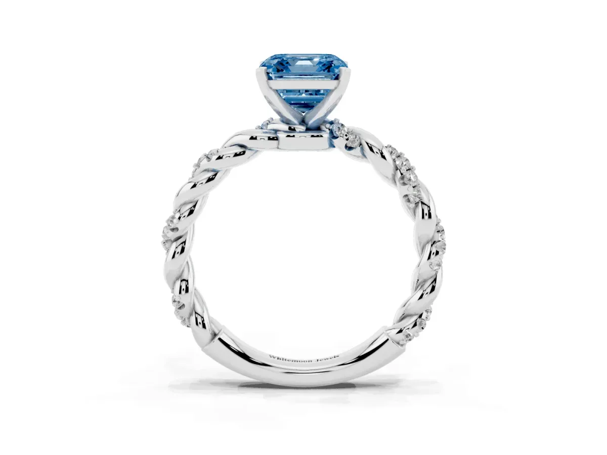 Fancy Blue Asscher Cut Diamond Solitaire Ring with Twisted Band and Pavé Accents White gold