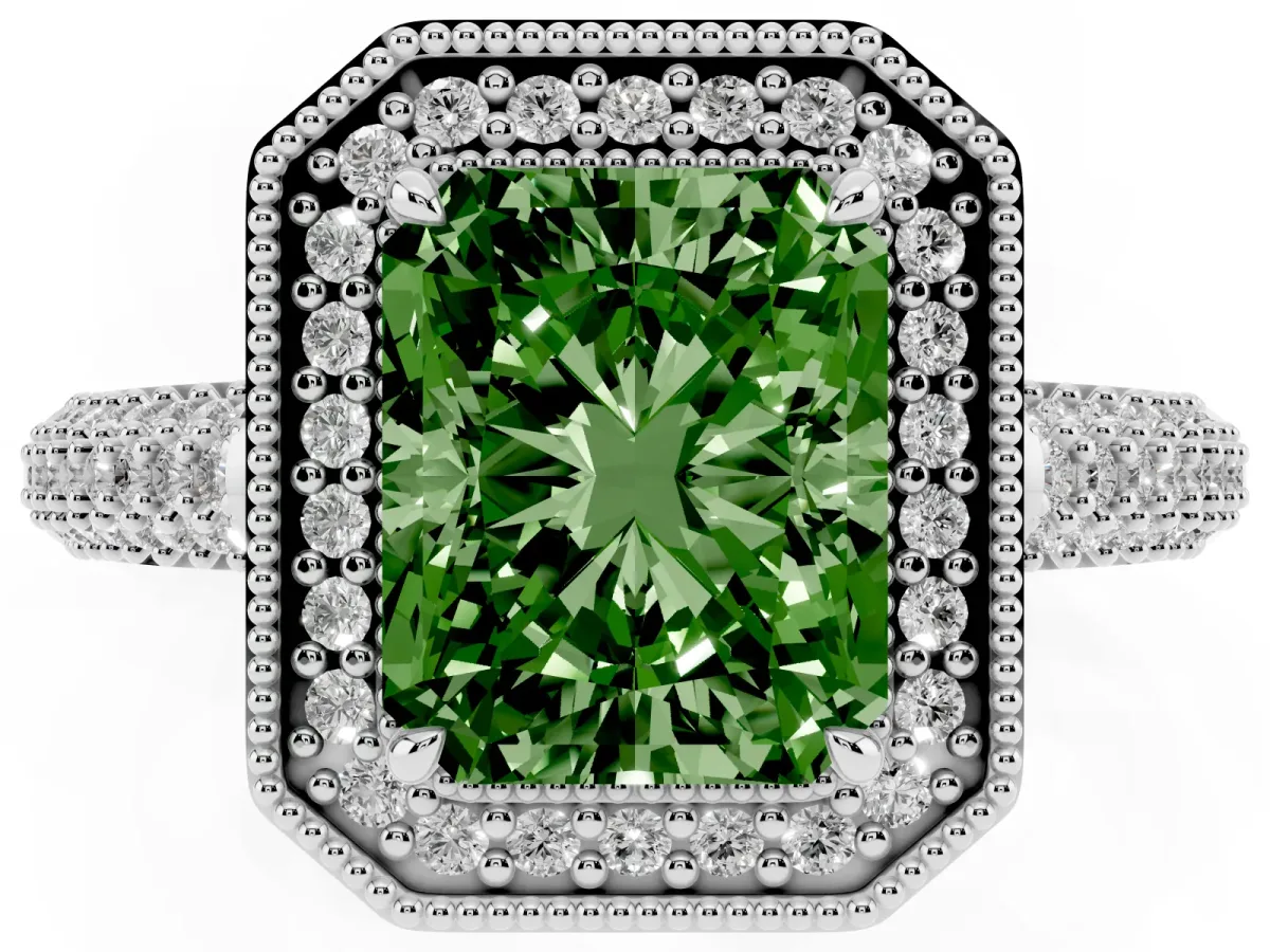 Fancy Green Radiant Cut Cut Halo Diamond Pave Band with Four-Prong Setting Silver