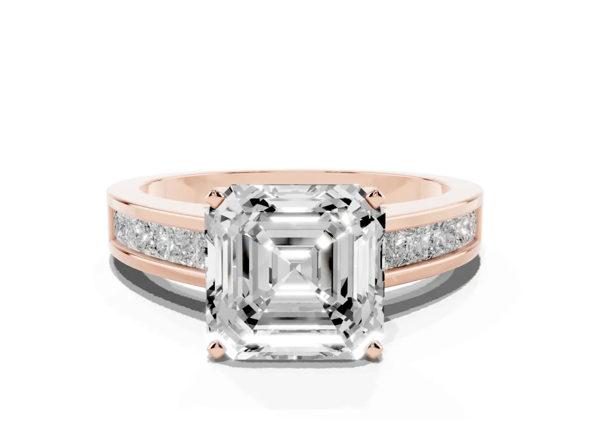 Asscher Cut Solitaire Diamond Ring with Channel-Set Band and Four-Prong Setting Rose gold