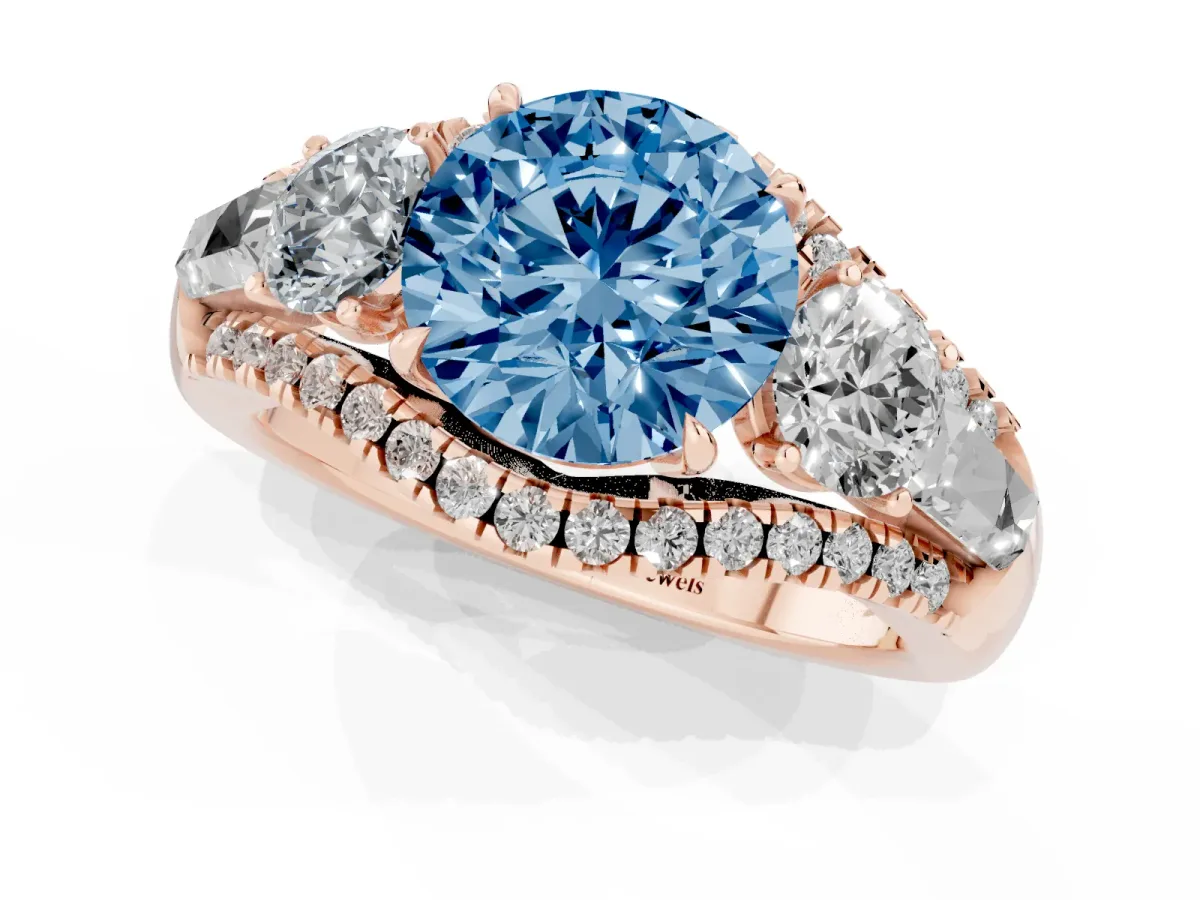 Fancy Blue Three-Stone Round Cut Diamond Engagement Ring with Pave Band and Prong Setting Rose gold