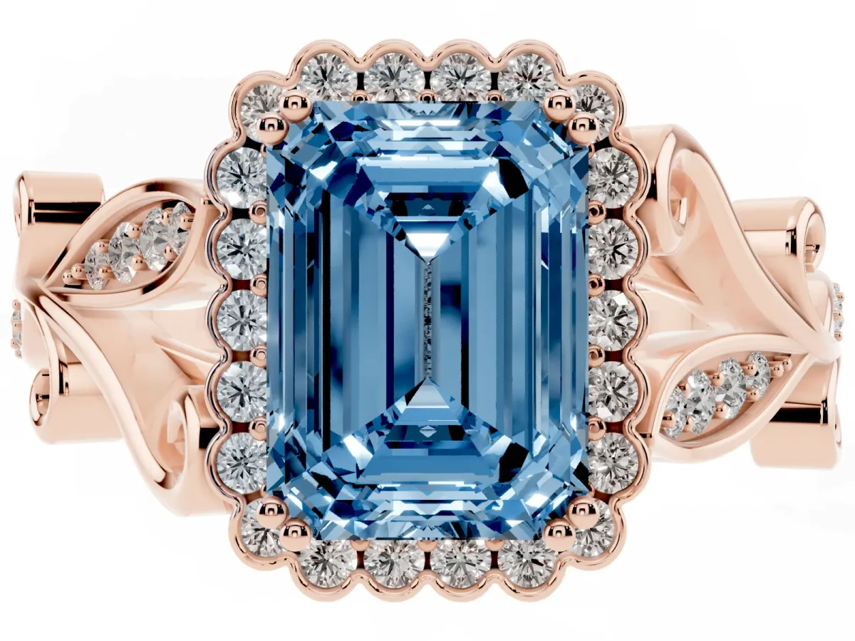 Fancy Blue Emerald Cut Diamond Halo Ring with Vintage Split Shank and Four-Prong Setting Rose gold