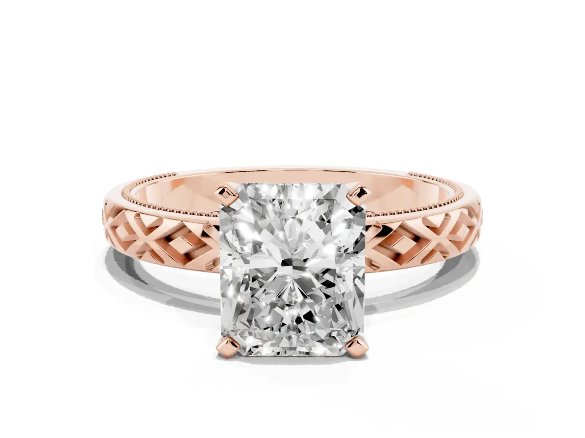 Radiant Cut Solitaire Diamond Ring with Milgrain and Black Enamel X Pattern Band Rose gold