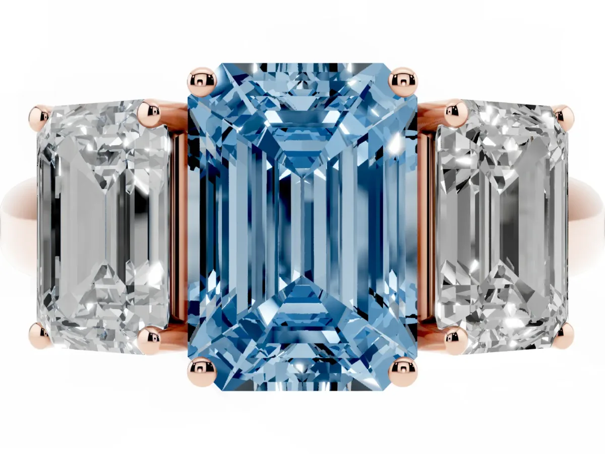 Fancy Blue Three-Stone Emerald Cut Diamond Engagement Ring with Prong Setting Rose gold