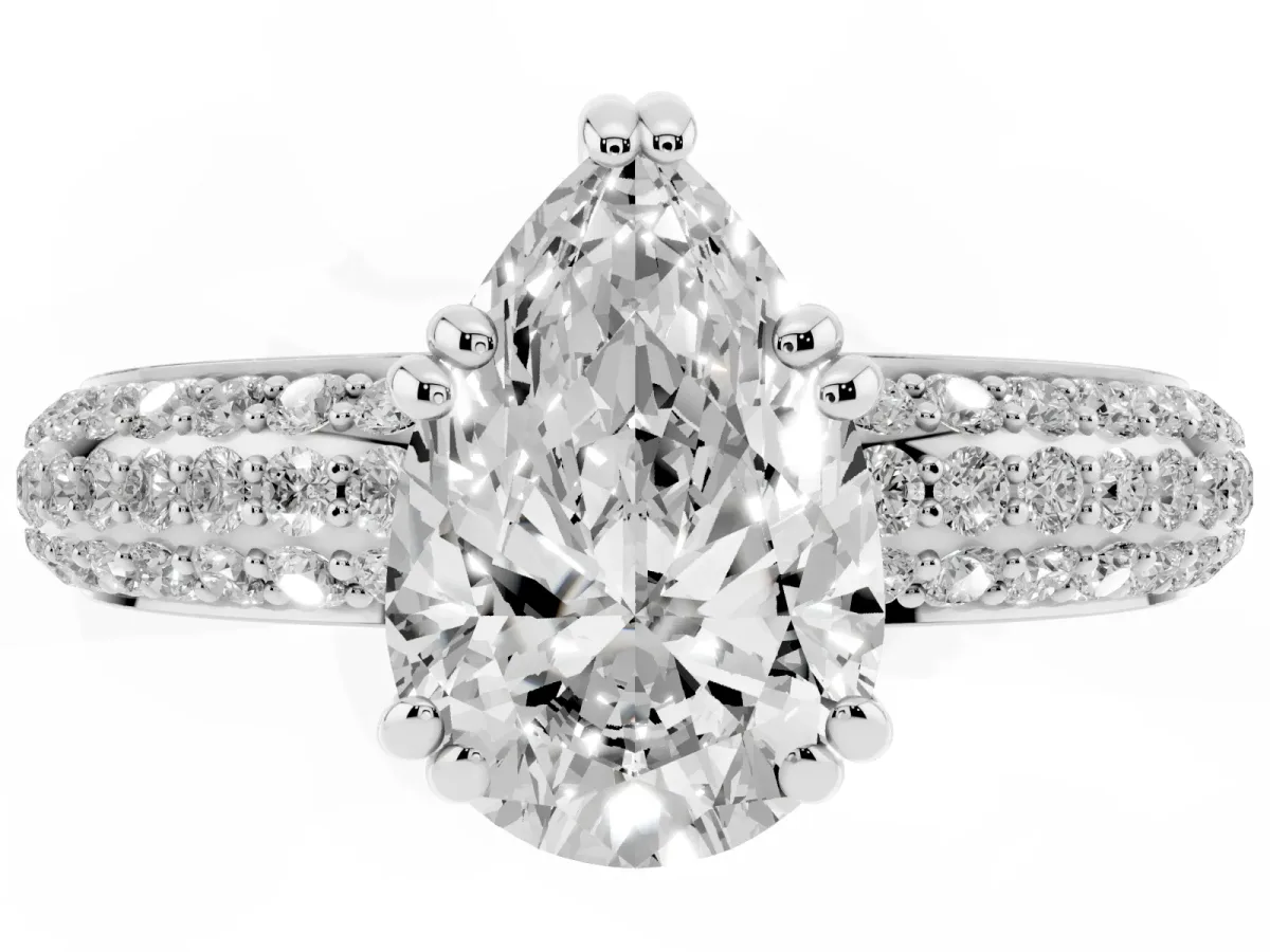 Pear Cut Diamond Solitaire Ring with Multi-Row Round Pavé Band and Prong Setting Silver