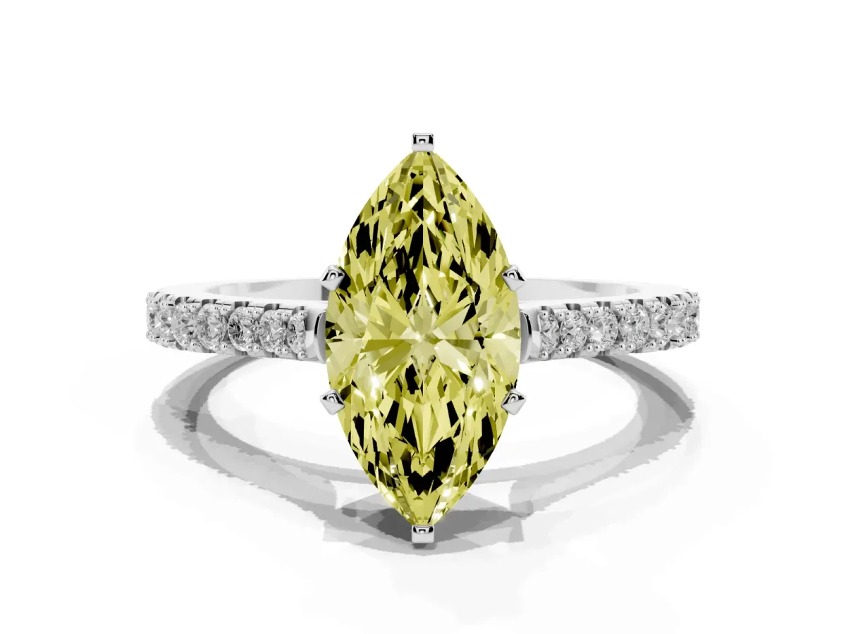 Fancy Yellow Marquise Cut Cut Solitaire Diamond Engagement Ring with Pave Band and Four-Prong Setting Platinum