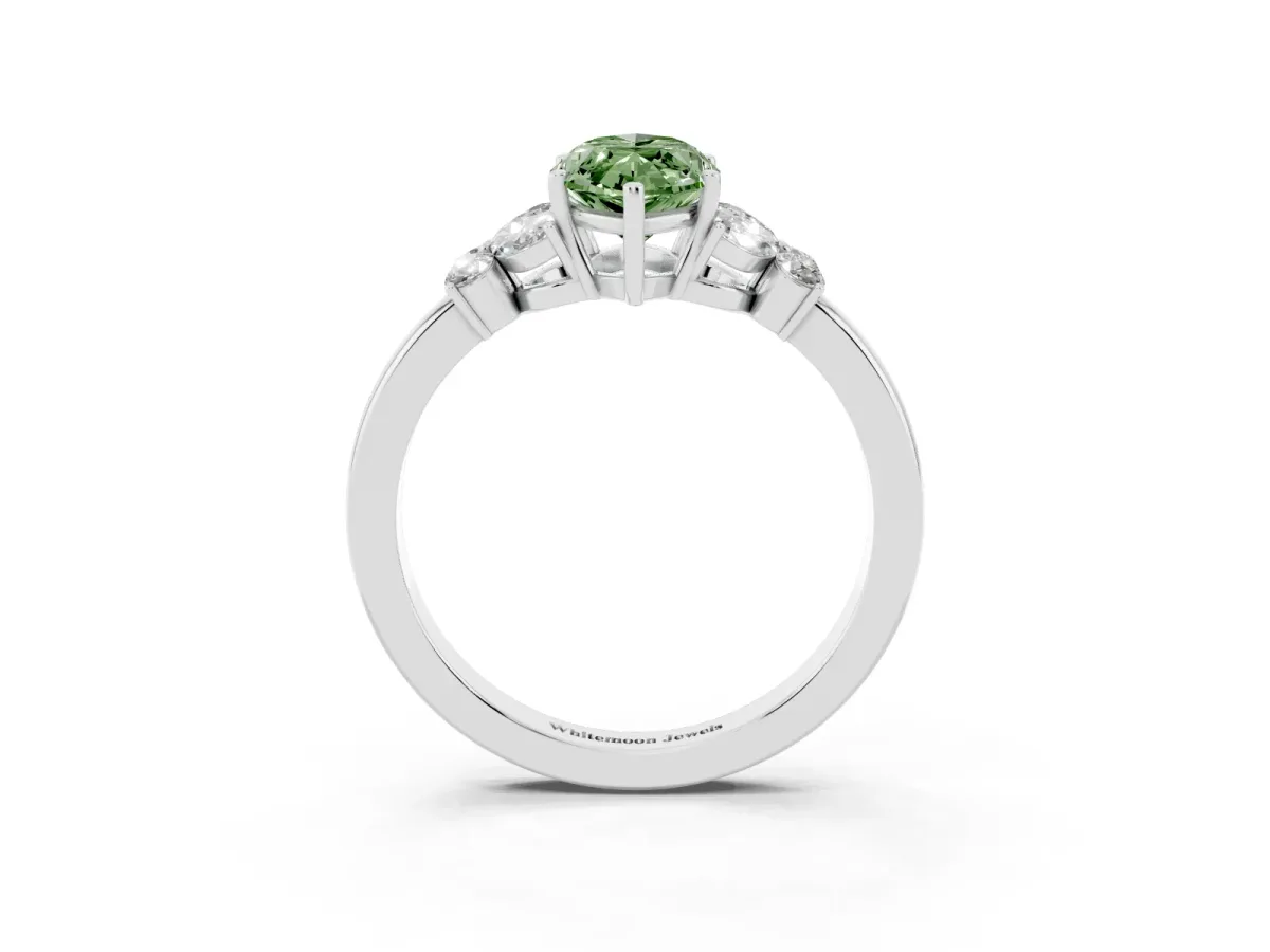 Fancy Green Marquise Cut Cut Solitaire Floral Diamond Ring with Four-Prong Setting Silver