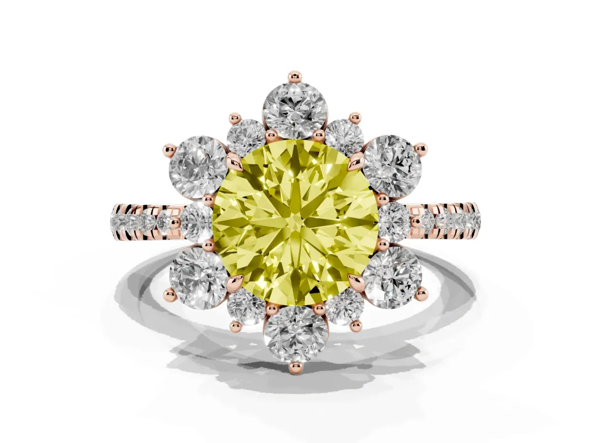 Fancy Yellow Round Cut Diamond Floral Halo Ring with Round Pavé Band and Prong Setting Rose gold