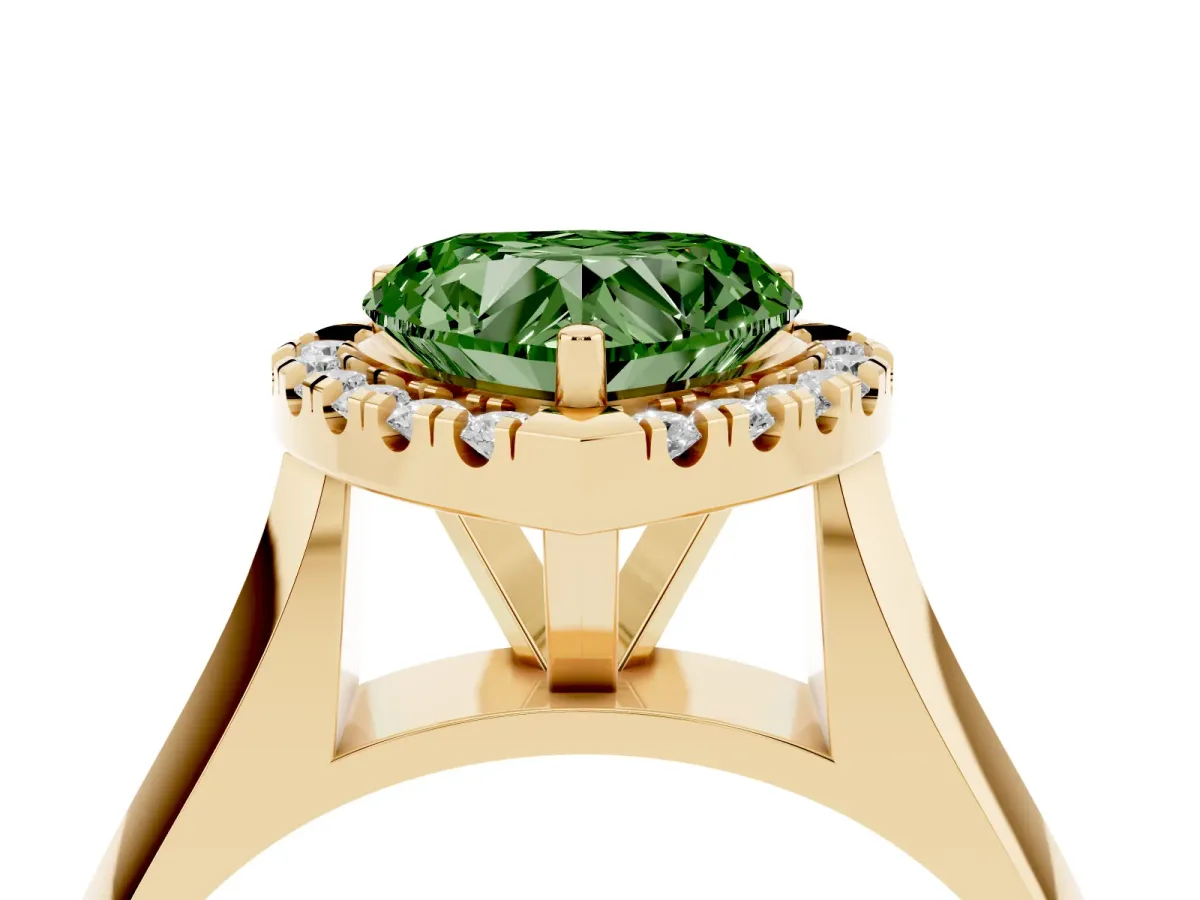 Fancy Green Heart Cut Cut Halo Solitaire Engagement Ring with Square Band and Four-Prong Setting Yellow gold