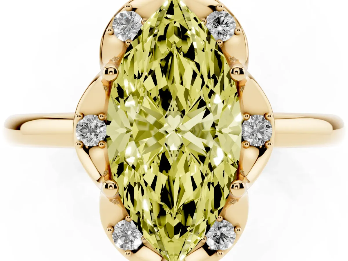 Fancy Yellow Marquise Cut Halo Diamond Ring with Round Cluster Setting, Solitaire Band, and Four-Prong Setting Yellow gold