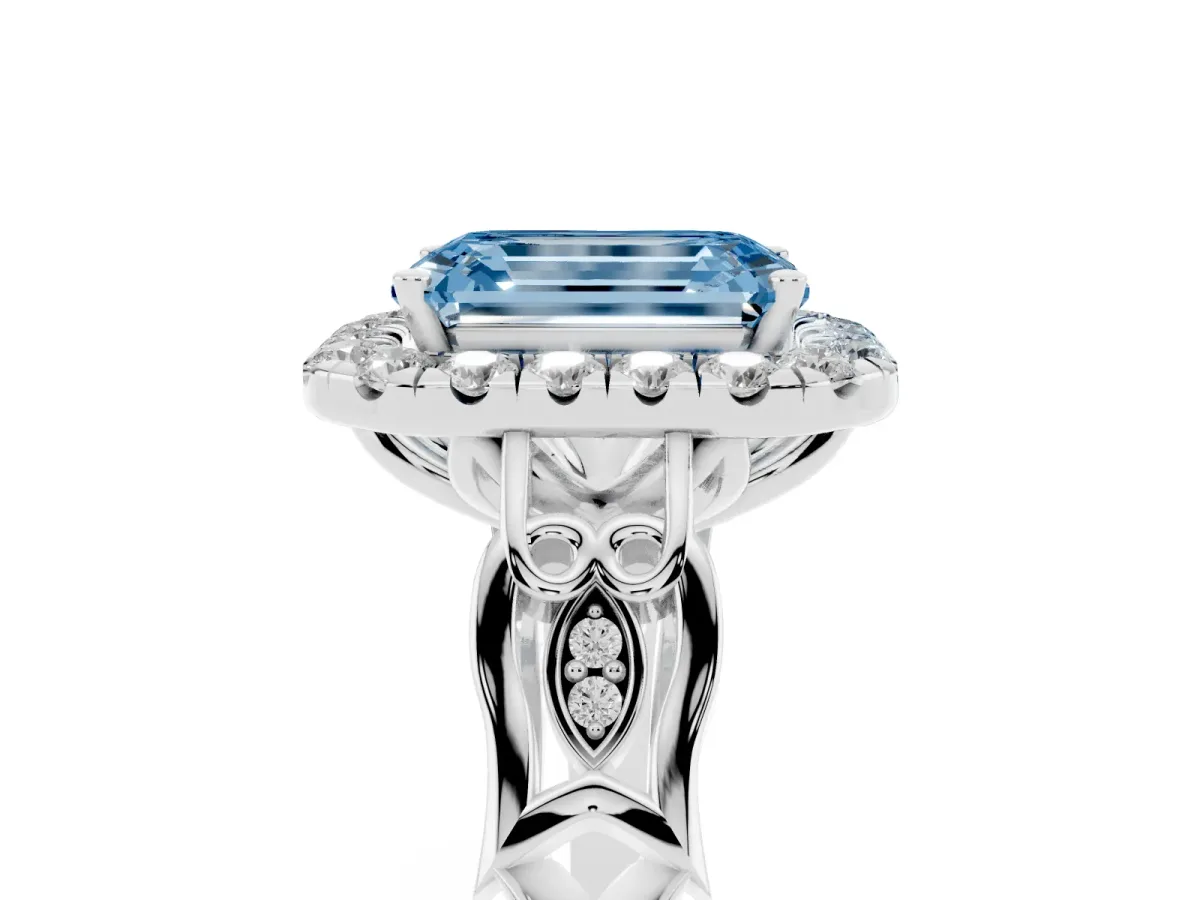 Fancy Blue Emerald Cut Halo Diamond Engagement Ring with Filigree Band and Four-Prong Setting Platinum