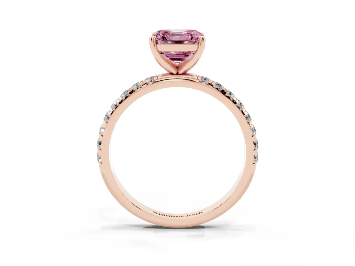 Fancy Pink Asscher Cut Cut Diamond Solitaire Ring with Micro Pave Band and Four Prong Setting Rose gold