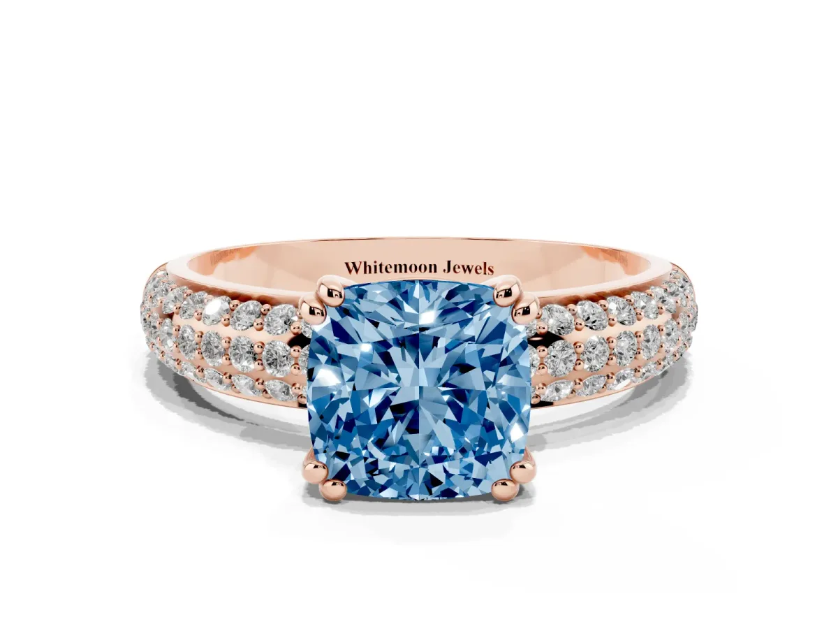Fancy Blue Cushion Cut Diamond Solitaire Ring with Multi-Row Round Pavé Band and Prong Setting Rose gold