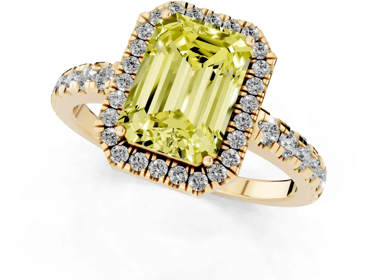 Fancy Yellow Emerald Cut Diamond Halo Ring with Pavé Band and Four-Prong Setting Yellow gold