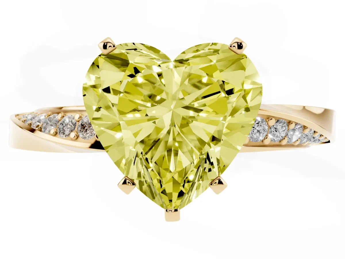 Fancy Yellow Heart Cut Diamond Engagement Ring with Side Stone Accents and Four-Prong Setting Yellow gold