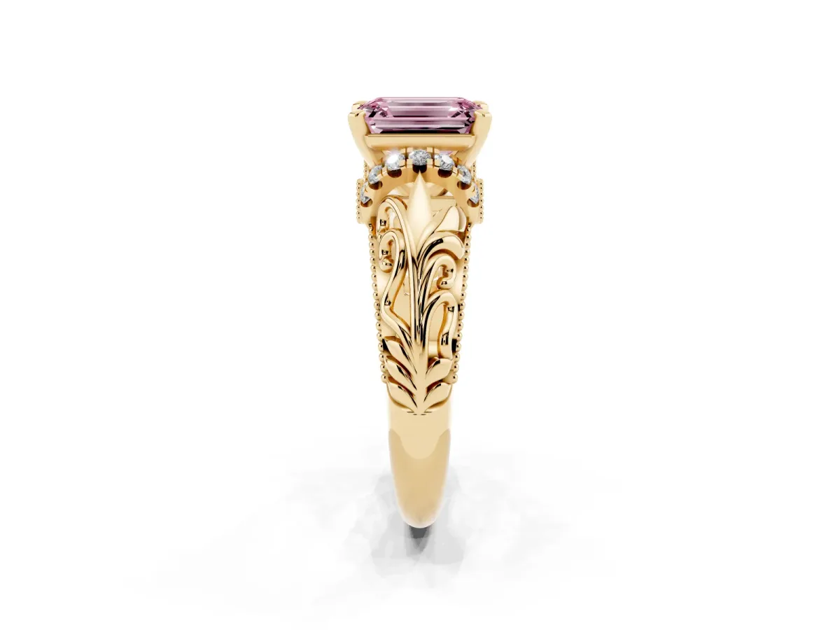Fancy Pink Emerald Cut Solitaire Filigree Engagement Ring with Halo and Prong Setting Yellow gold