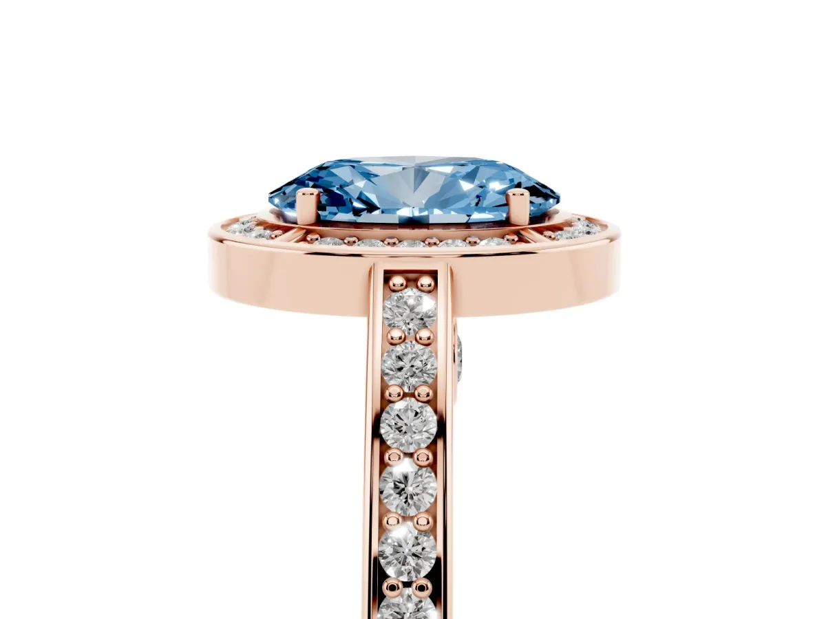 Fancy Blue Oval Cut Cut Halo Pave Split Shank Prong Setting Ring Rose gold