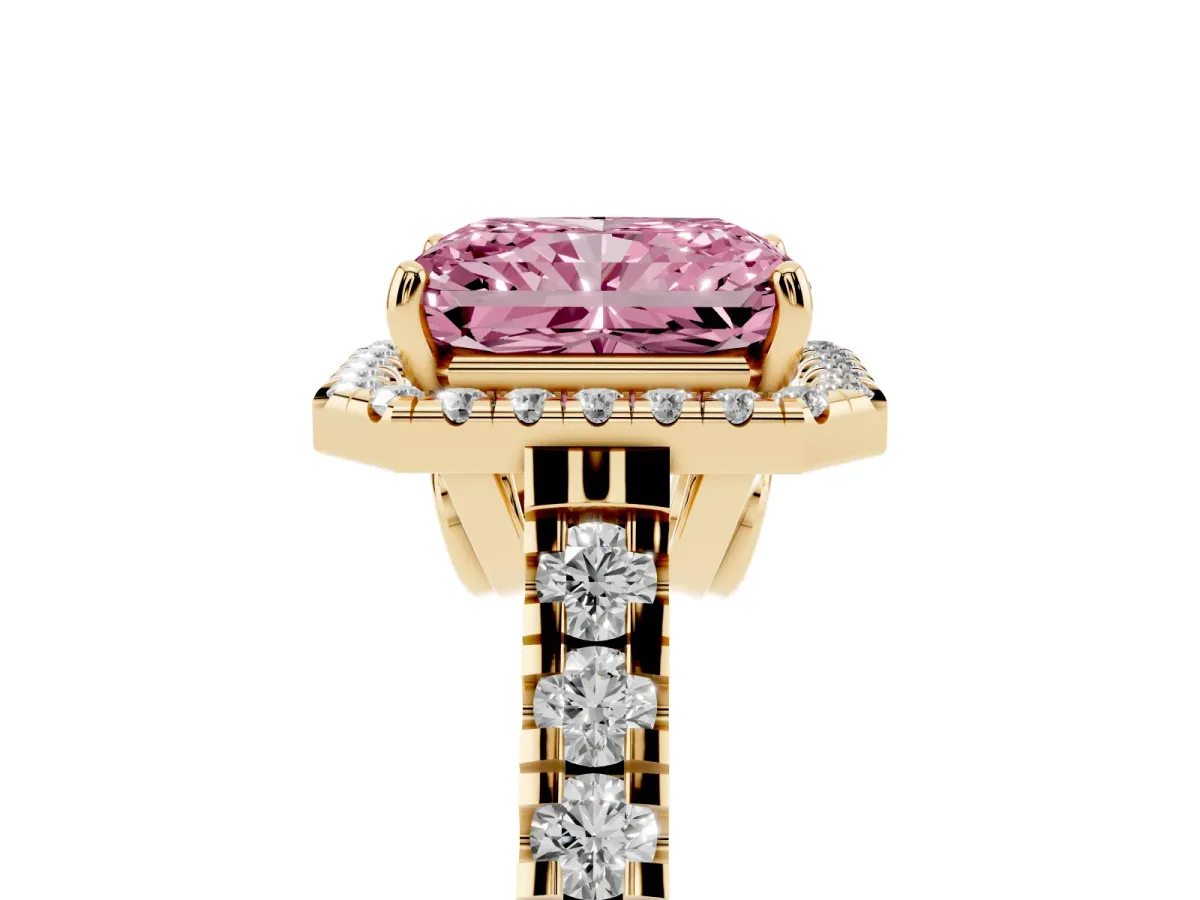 Fancy Pink Radiant Cut Halo Pavé Diamond Engagement Ring with Four-Prong Setting Yellow gold