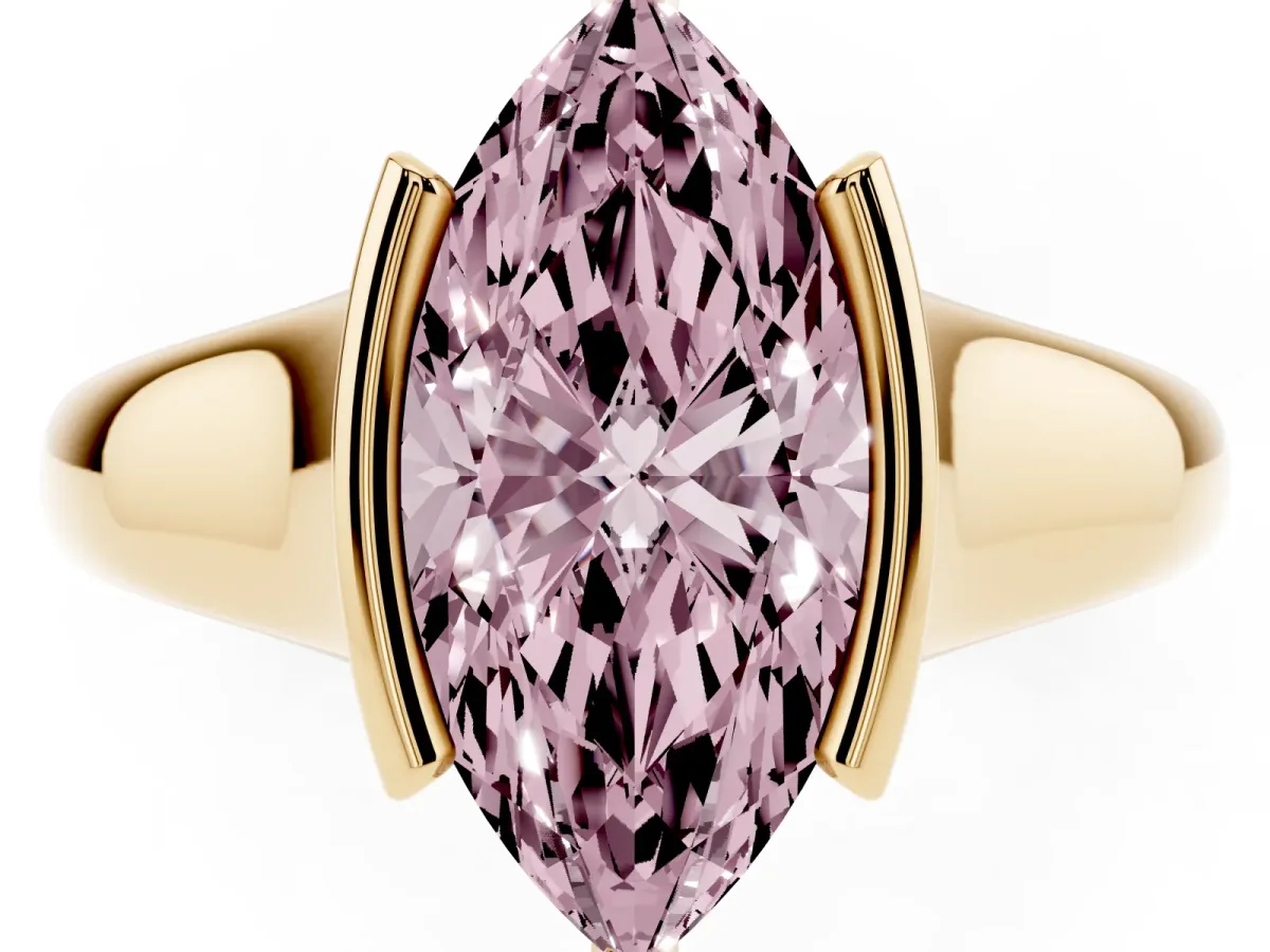 Fancy Pink Marquise Cut Solitaire Tension Set Diamond Ring with Split Shank Band Yellow gold