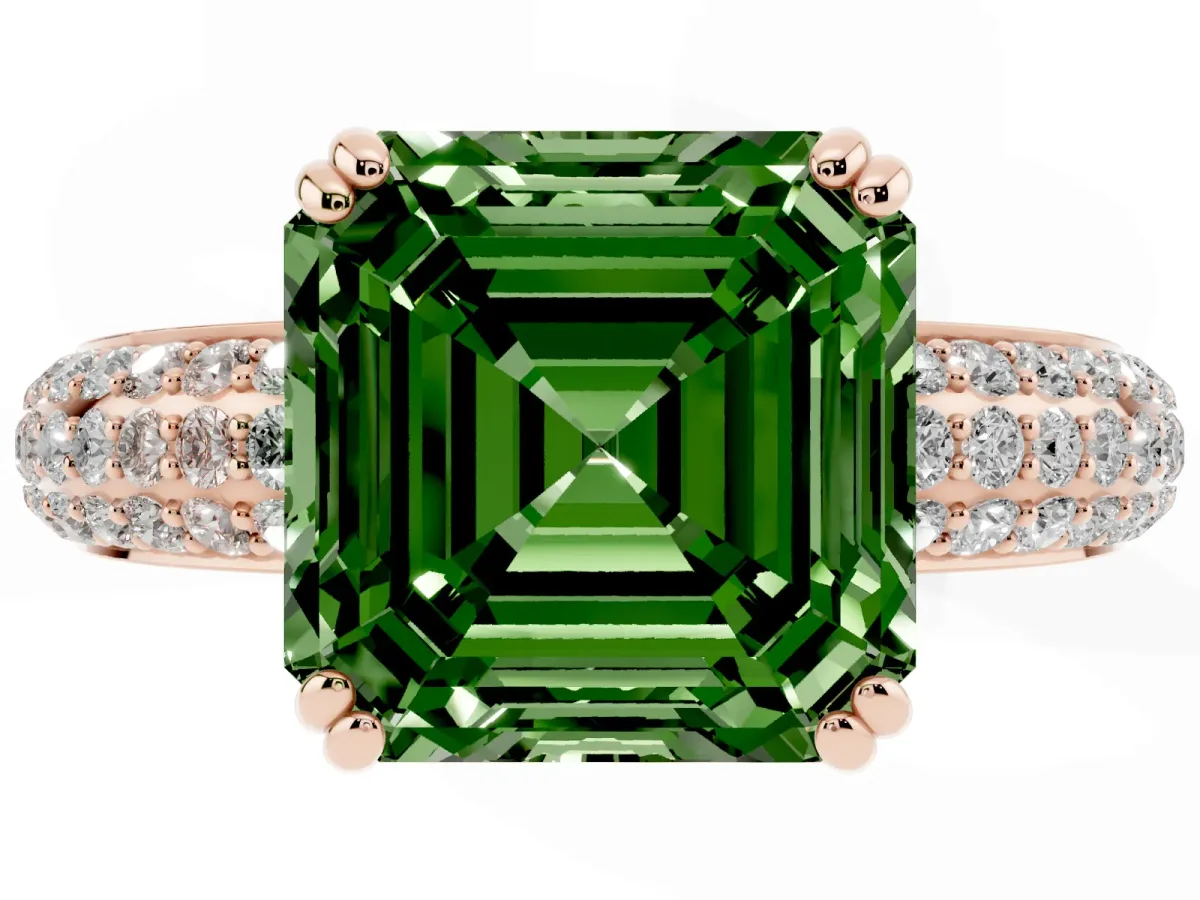Fancy Green Asscher Cut Diamond Solitaire Ring with Multi-Row Round Pavé Band and Prong Setting Rose gold