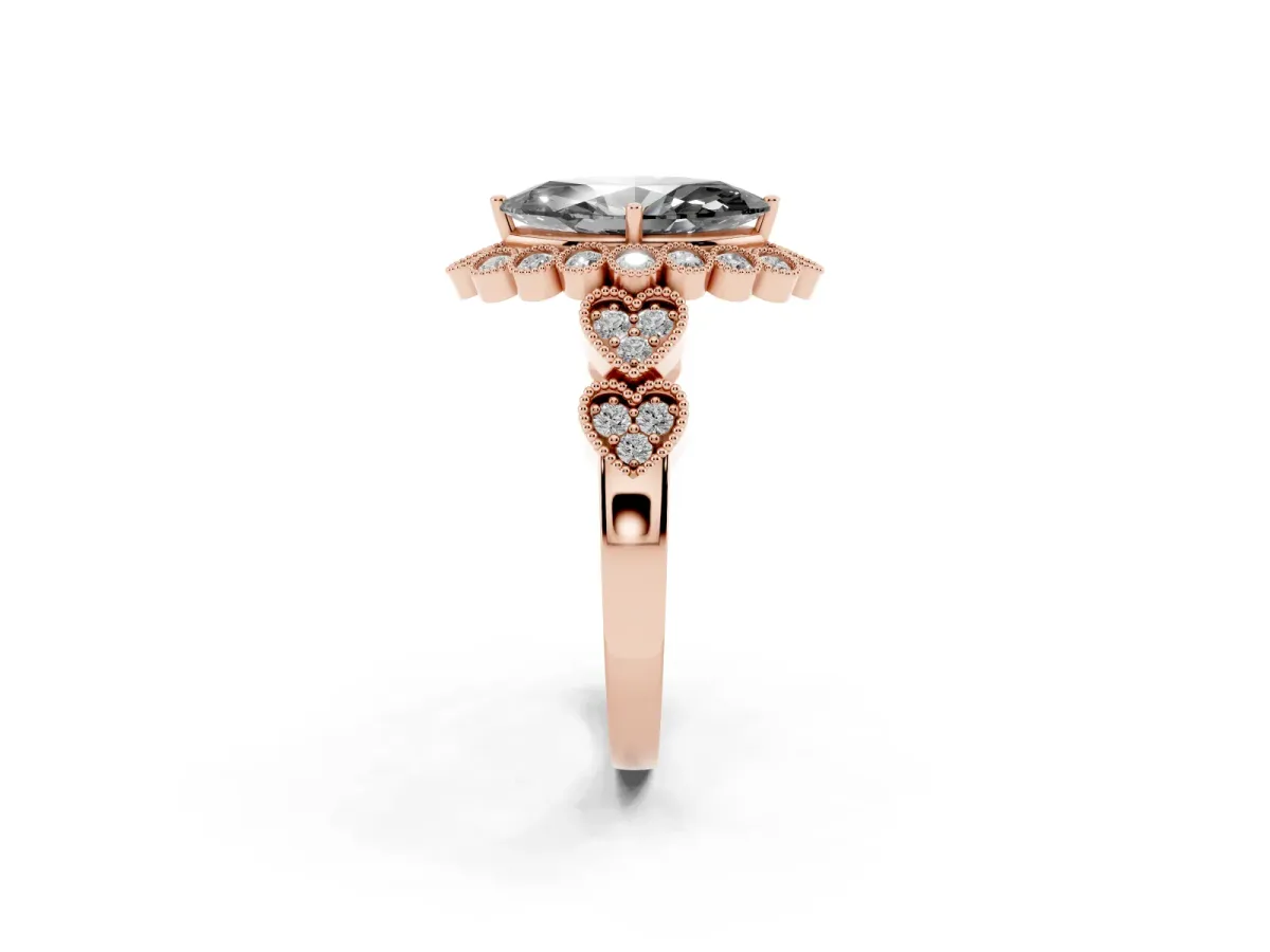 Fancy Black Marquise Cut Brilliant Milgrain Pave Heart Band Solitaire Ring Rose gold
