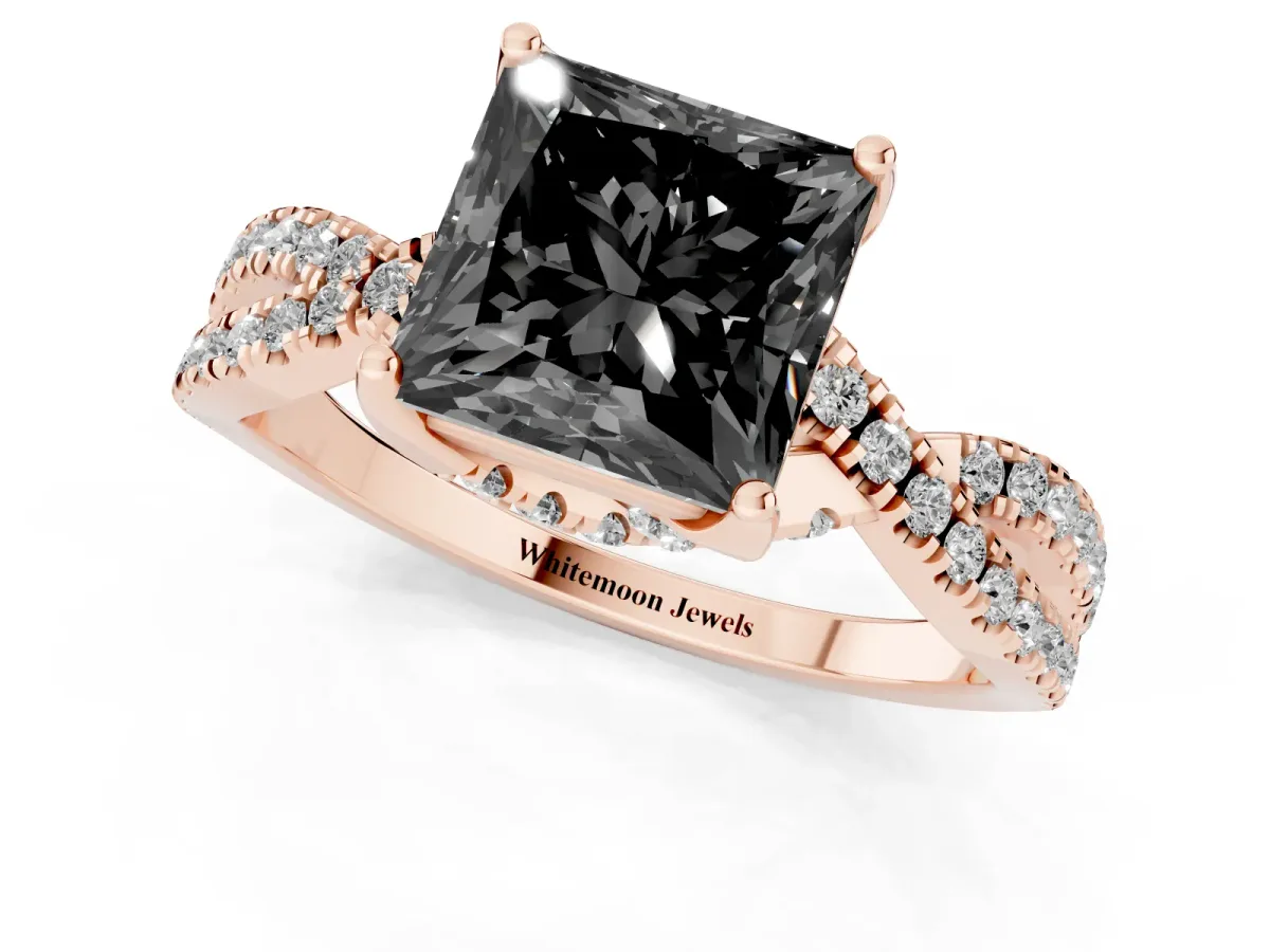 Fancy Black Princess Cut Solitaire Twist Pave Diamond Engagement Ring with Prong Setting Rose gold