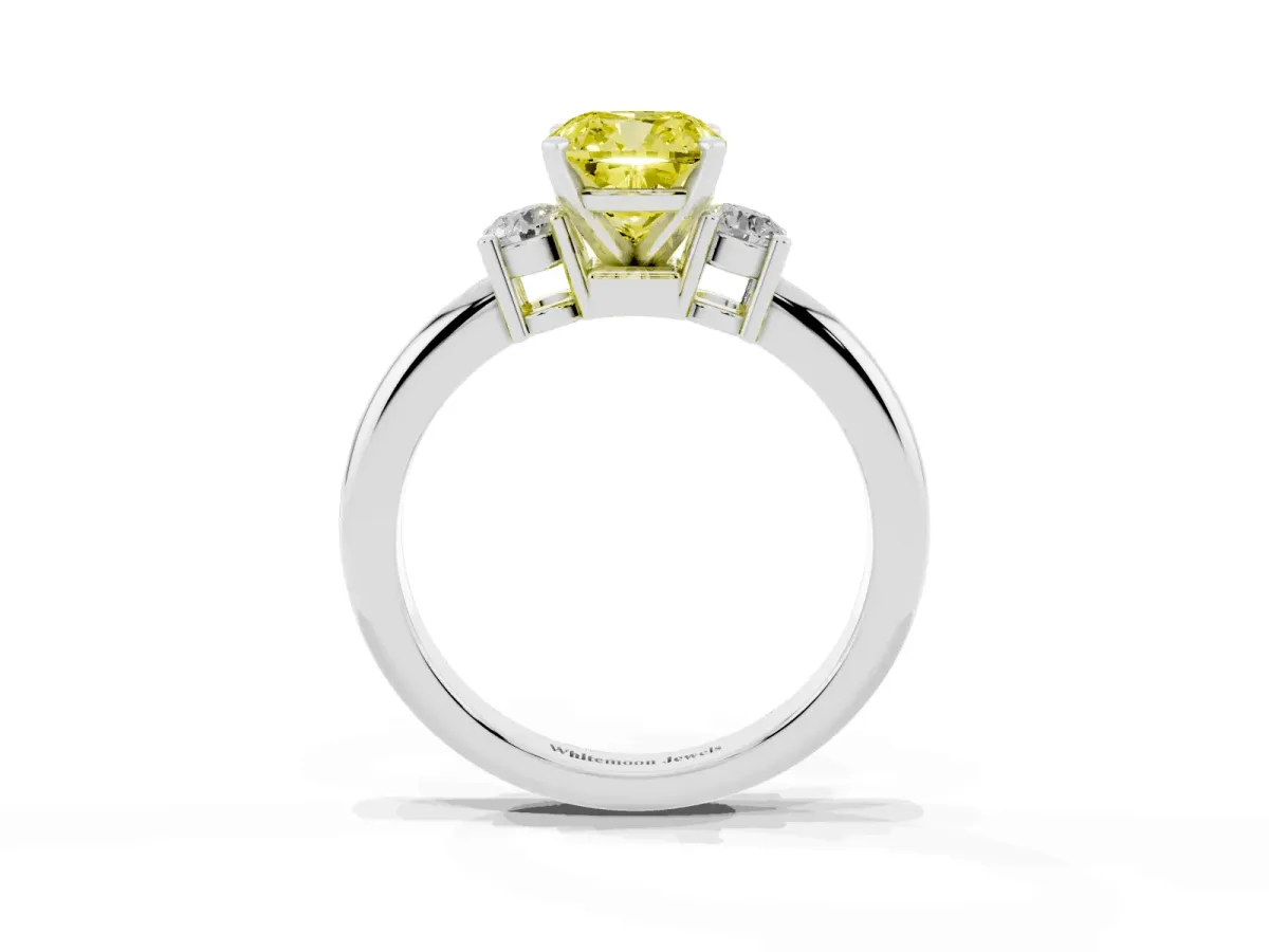 Fancy Yellow Three-Stone Cushion Cut Cut Diamond Solitaire with Prong Setting and Classic Band Platinum