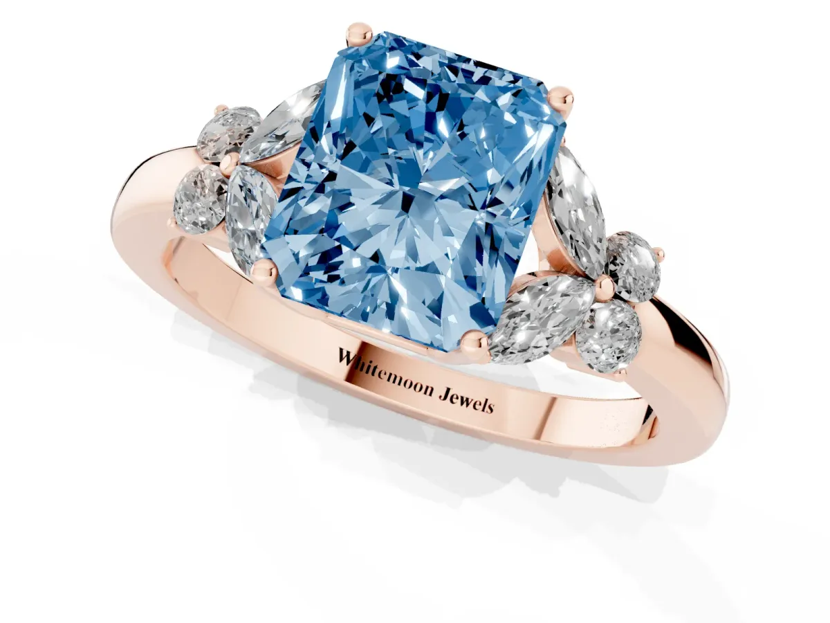 Fancy Blue Radiant Cut Cut Solitaire Floral Diamond Ring with Four-Prong Setting Rose gold