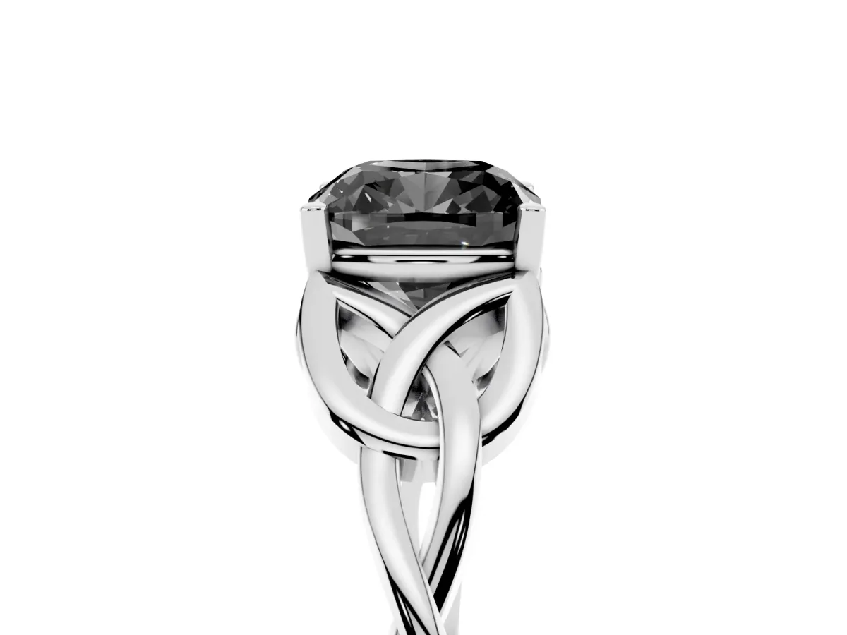 Fancy Black Cushion Cut Diamond Solitaire Engagement Ring with Celtic Knot Band and Four-Prong Setting Platinum