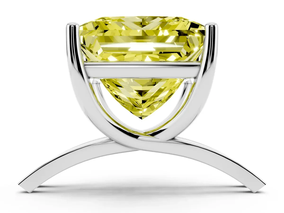 Fancy Yellow Princess Cut Cut Diamond Solitaire Engagement Ring with Tapered Plain Band and Four-Prong Setting Silver